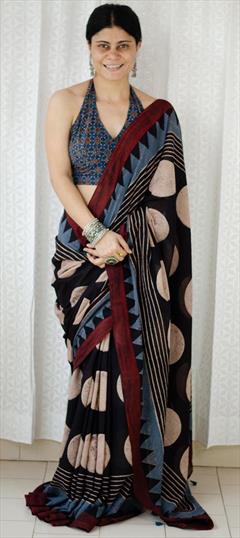 Casual, Traditional Black and Grey color Saree in Cotton fabric with Bengali Digital Print work : 1919377