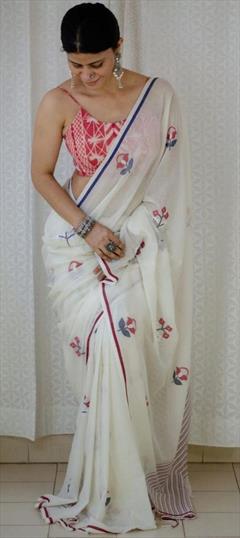 Casual, Traditional White and Off White color Saree in Cotton fabric with Bengali Digital Print work : 1919415