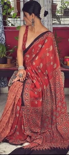 Casual, Traditional Red and Maroon color Saree in Cotton fabric with Bengali Digital Print work : 1919417