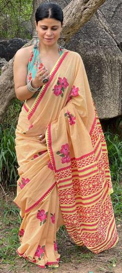 Casual, Traditional Beige and Brown color Saree in Cotton fabric with Bengali Digital Print, Floral work : 1919418