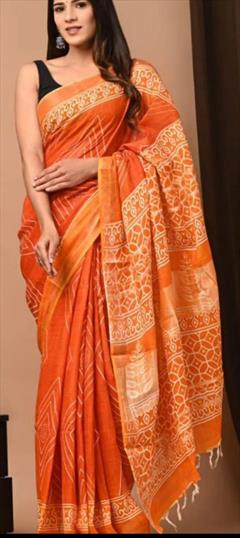 Party Wear, Traditional Orange color Saree in Linen fabric with Bengali Digital Print work : 1919423