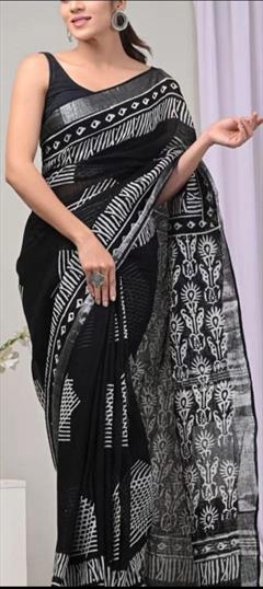 Party Wear, Traditional Black and Grey color Saree in Linen fabric with Bengali Digital Print work : 1919427