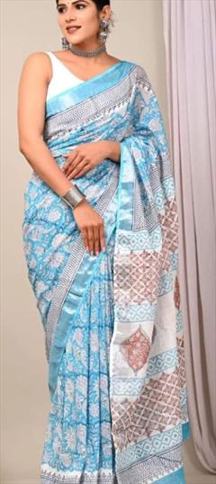 Party Wear, Traditional Blue color Saree in Linen fabric with Bengali Digital Print, Floral work : 1919430