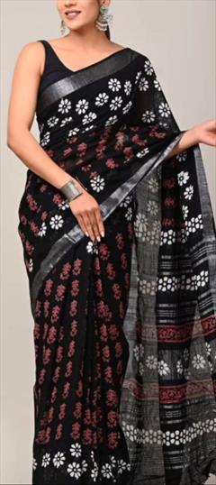 Party Wear, Traditional Black and Grey color Saree in Linen fabric with Bengali Digital Print work : 1919432
