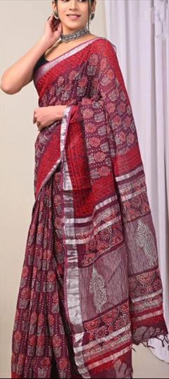 Party Wear, Traditional Red and Maroon color Saree in Linen fabric with Bengali Digital Print work : 1919435
