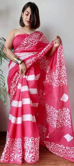 Casual, Traditional Pink and Majenta color Saree in Linen fabric with Bengali Digital Print work : 1919439