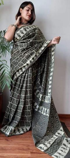 Casual, Traditional Black and Grey color Saree in Linen fabric with Bengali Digital Print work : 1919442