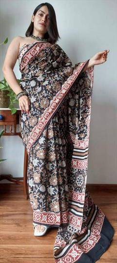 Casual, Traditional Black and Grey color Saree in Linen fabric with Bengali Digital Print work : 1919444