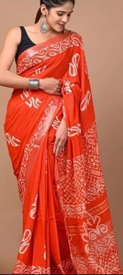 Casual, Traditional Orange color Saree in Linen fabric with Bengali Digital Print work : 1919449