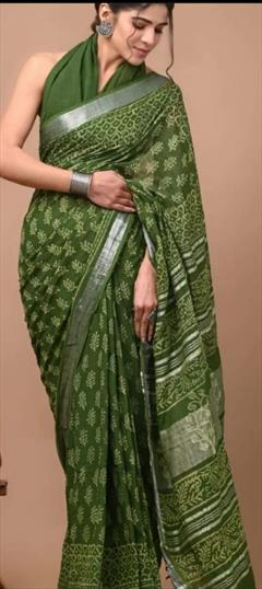 Casual, Traditional Green color Saree in Linen fabric with Bengali Digital Print work : 1919450