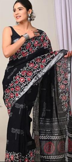 Casual, Traditional Black and Grey color Saree in Linen fabric with Bengali Digital Print work : 1919451
