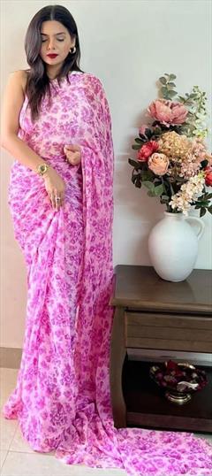 Casual, Festive Pink and Majenta color Saree in Georgette fabric with Classic Digital Print, Floral work : 1919475