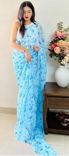 Casual, Festive Blue color Saree in Georgette fabric with Classic Digital Print, Floral work : 1919476