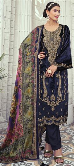 Festive, Reception, Wedding Blue color Salwar Kameez in Velvet fabric with Pakistani, Straight Embroidered, Thread, Zari work : 1919521