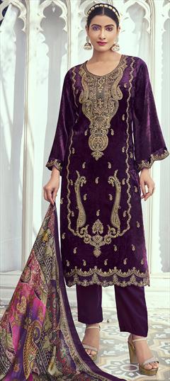 Festive, Reception, Wedding Purple and Violet color Salwar Kameez in Velvet fabric with Pakistani, Straight Embroidered, Thread, Zari work : 1919525