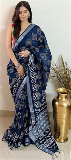 Party Wear, Traditional Blue color Saree in Linen fabric with Bengali Digital Print work : 1919591