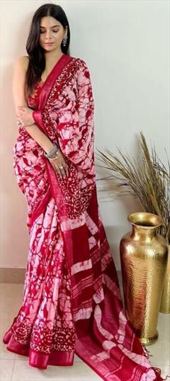 Party Wear, Traditional Pink and Majenta color Saree in Linen fabric with Bengali Digital Print, Tye n Dye work : 1919594