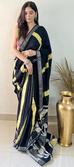 Party Wear, Traditional Black and Grey color Saree in Linen fabric with Bengali Digital Print work : 1919595