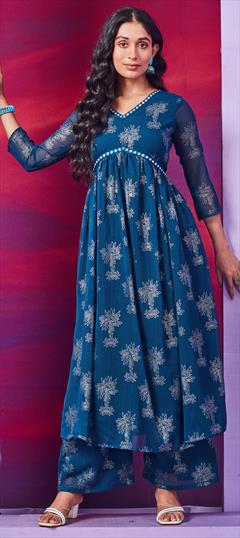 Festive, Party Wear Blue color Salwar Kameez in Chiffon fabric with Anarkali Floral, Printed, Thread work : 1919663