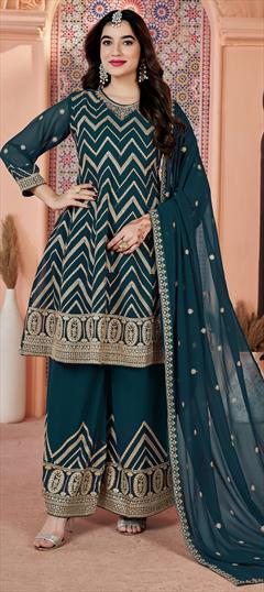 Festive, Reception, Wedding Blue color Salwar Kameez in Georgette fabric with Anarkali, Pakistani, Palazzo Embroidered, Thread, Zari work : 1919667