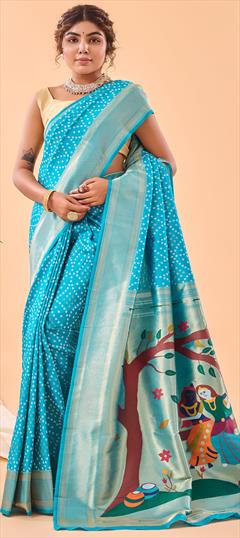 Traditional, Wedding Blue color Saree in Silk fabric with Rajasthani, South Bandhej, Printed, Weaving, Zari work : 1919694