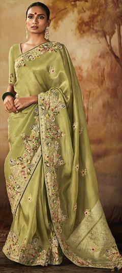 Bridal, Wedding Green color Saree in Kanjeevaram Silk, Silk fabric with South Embroidered, Moti, Sequence, Stone, Thread work : 1919749