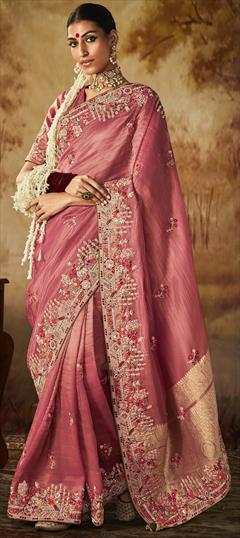 Bridal, Wedding Pink and Majenta color Saree in Kanjeevaram Silk, Silk fabric with South Embroidered, Moti, Sequence, Stone, Thread work : 1919750