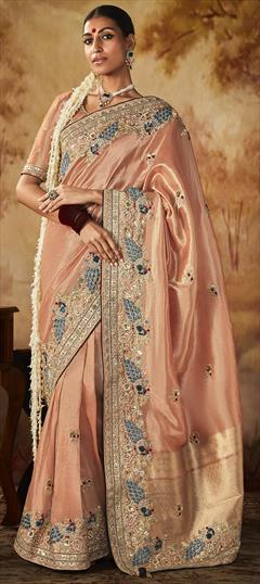 Bridal, Wedding Pink and Majenta color Saree in Kanjeevaram Silk, Silk fabric with South Embroidered, Moti, Sequence, Stone, Thread work : 1919752