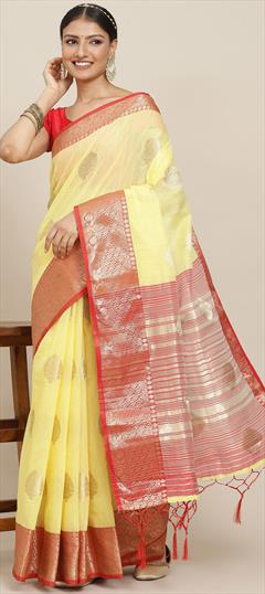 Casual, Traditional Yellow color Saree in Blended Cotton fabric with Bengali Weaving work : 1919768