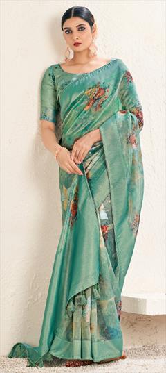 Party Wear, Traditional Green color Saree in Organza Silk fabric with South Digital Print, Zari work : 1919829