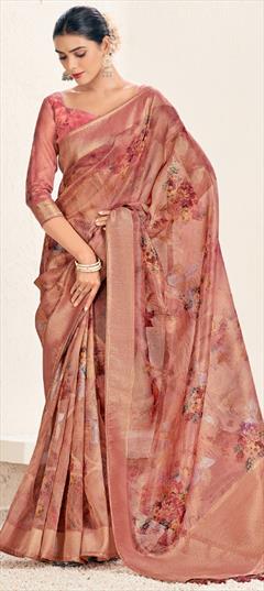 Party Wear, Traditional Pink and Majenta color Saree in Organza Silk fabric with South Digital Print, Zari work : 1919830