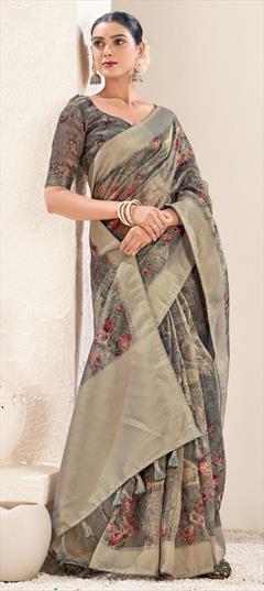 Party Wear, Traditional Black and Grey color Saree in Organza Silk fabric with South Digital Print, Zari work : 1919831