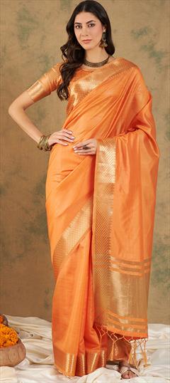 Casual, Traditional Orange color Saree in Cotton fabric with Bengali Weaving work : 1919844