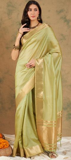 Casual, Traditional Green color Saree in Cotton fabric with Bengali Weaving work : 1919847