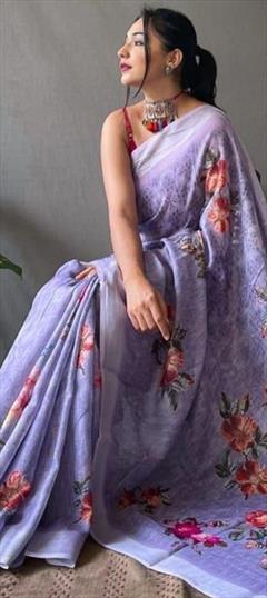 Casual, Traditional Purple and Violet color Saree in Linen fabric with Bengali Digital Print, Floral work : 1919862