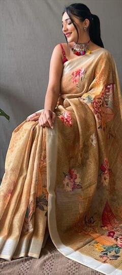 Casual, Traditional Beige and Brown color Saree in Linen fabric with Bengali Digital Print, Floral work : 1919863