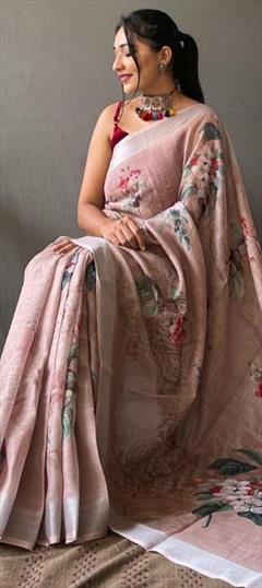 Casual, Traditional Pink and Majenta color Saree in Linen fabric with Bengali Digital Print, Floral work : 1919864