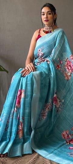 Casual, Traditional Blue color Saree in Linen fabric with Bengali Digital Print, Floral work : 1919866