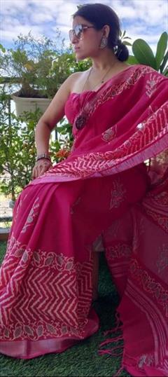 Casual, Traditional Pink and Majenta color Saree in Linen fabric with Bengali Digital Print work : 1919870