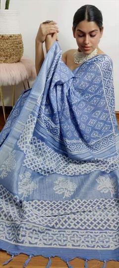 Casual, Traditional Blue color Saree in Linen fabric with Bengali Digital Print work : 1919871