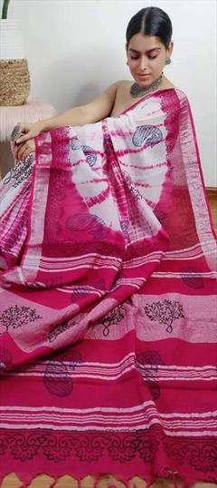 Casual, Traditional Pink and Majenta color Saree in Linen fabric with Bengali Digital Print work : 1919872