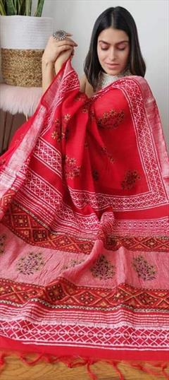Casual, Traditional Red and Maroon color Saree in Linen fabric with Bengali Digital Print work : 1919873