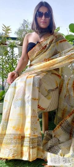 Casual, Traditional Beige and Brown color Saree in Linen fabric with Bengali Digital Print work : 1919874