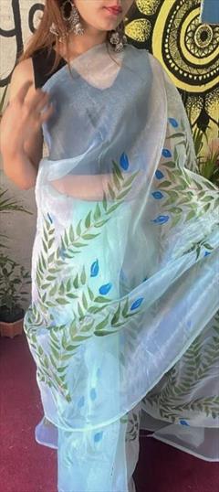 Party Wear, Traditional White and Off White color Saree in Organza Silk fabric with South Digital Print, Floral work : 1919887
