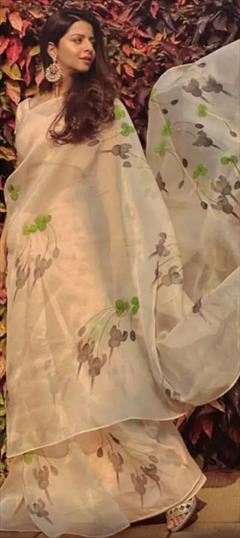 Party Wear, Traditional White and Off White color Saree in Organza Silk fabric with South Digital Print, Floral work : 1919894