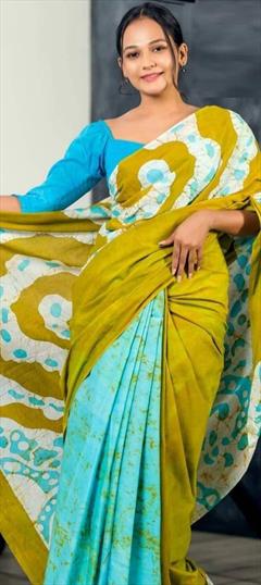 Casual, Traditional Blue, Gold color Saree in Cotton fabric with Bengali Digital Print work : 1919957