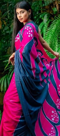 Casual, Traditional Blue, Pink and Majenta color Saree in Cotton fabric with Bengali Digital Print work : 1919958