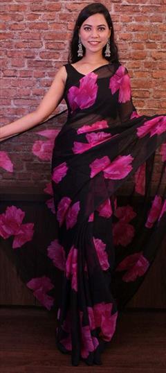 Casual Black and Grey color Saree in Georgette fabric with Classic Digital Print, Floral work : 1919975