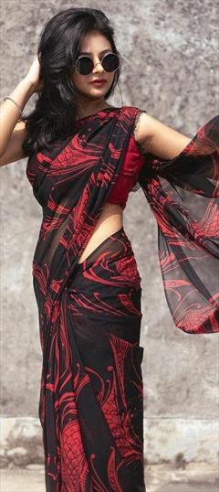 Casual Black and Grey color Saree in Georgette fabric with Classic Digital Print, Floral work : 1919978