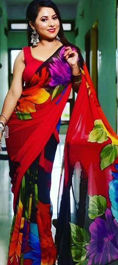 Casual Multicolor color Saree in Georgette fabric with Classic Digital Print, Floral work : 1919979